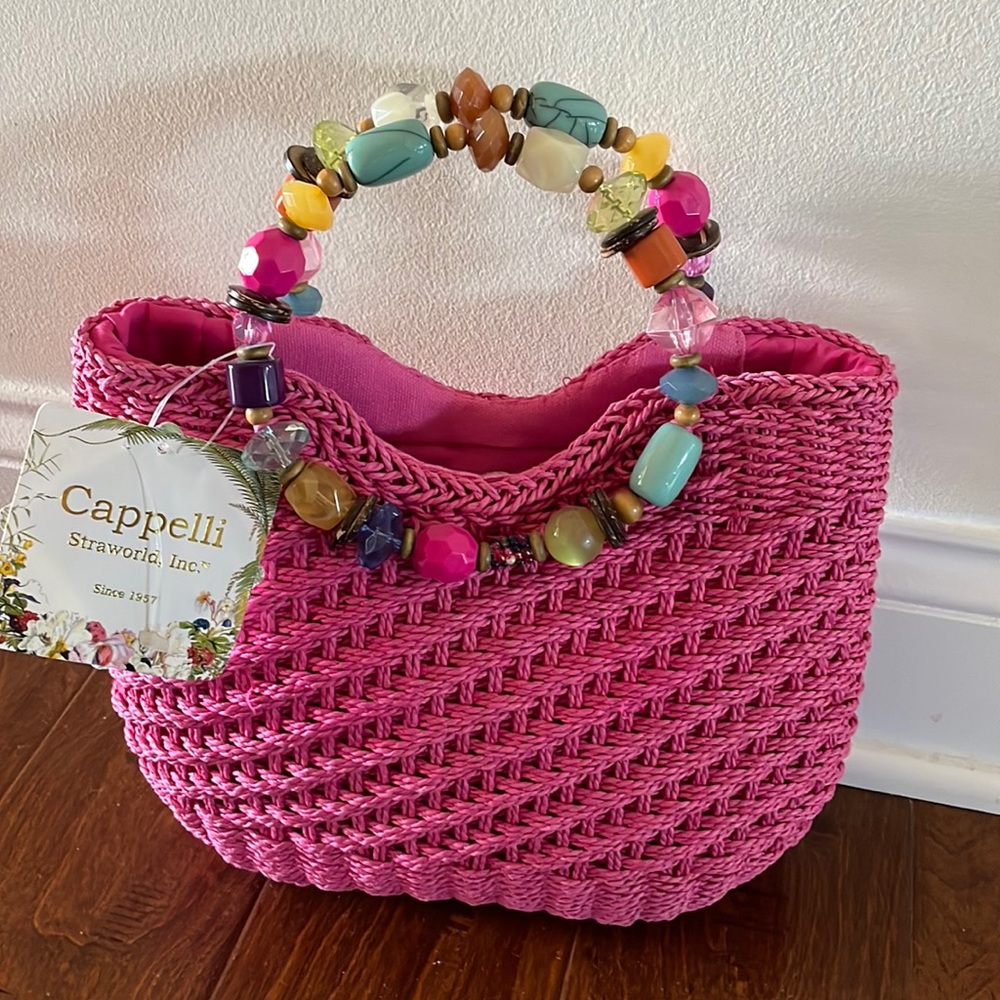 Cappelli Straworld Inc pink straw purse with beaded handles